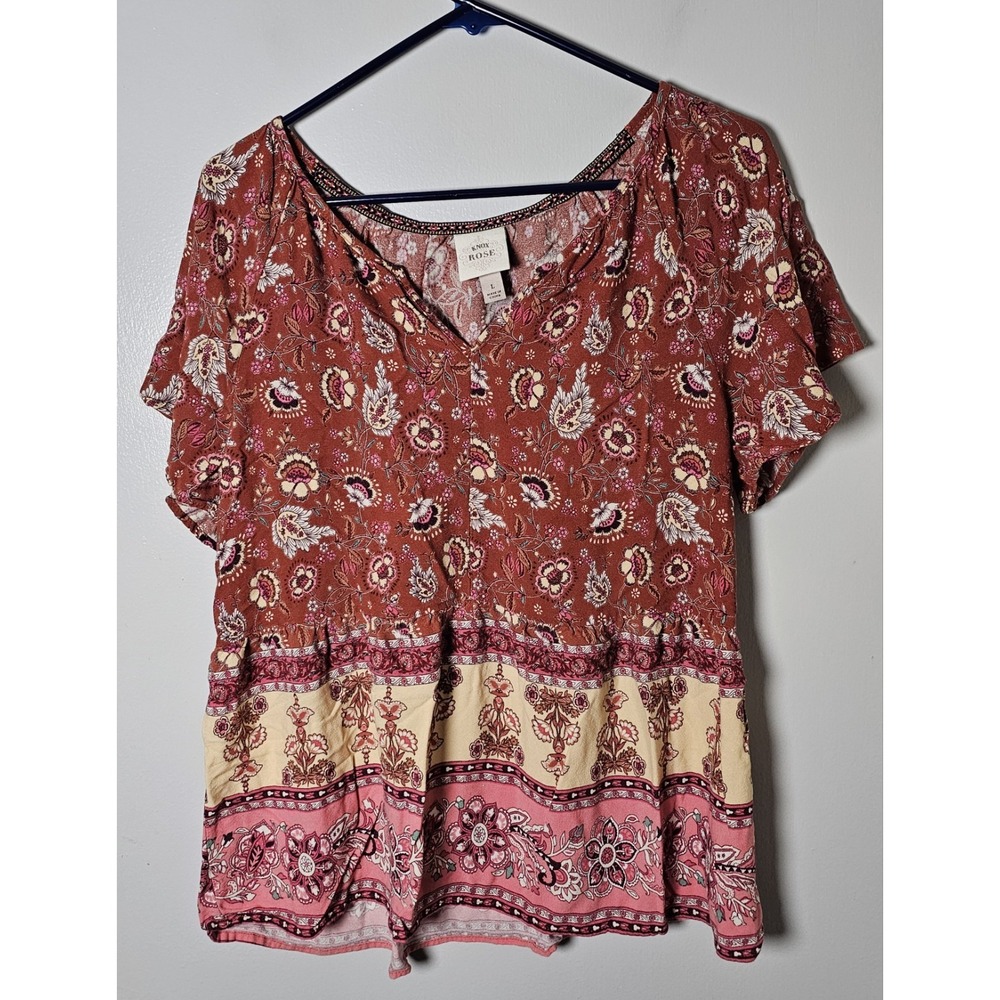 Knox Rose Floral Peplum Top Short Sleeve Size L Boho Cottagecore Babydoll